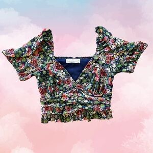Floral Multicolor Ruched Sleeve Summer Crop Top